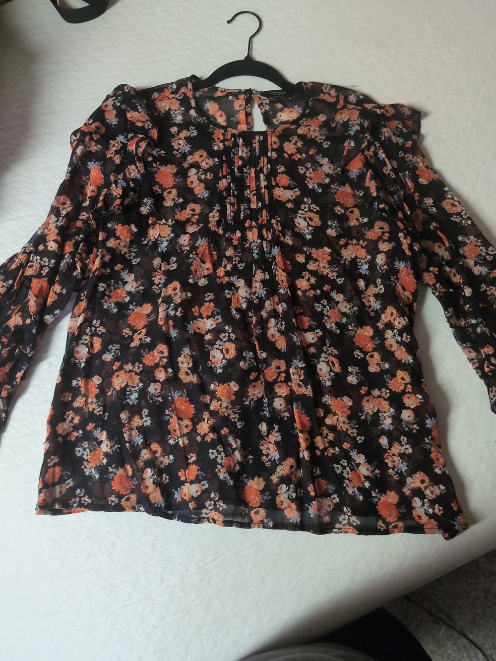 Lucky Brand Black Blouse with Peach Floral Print